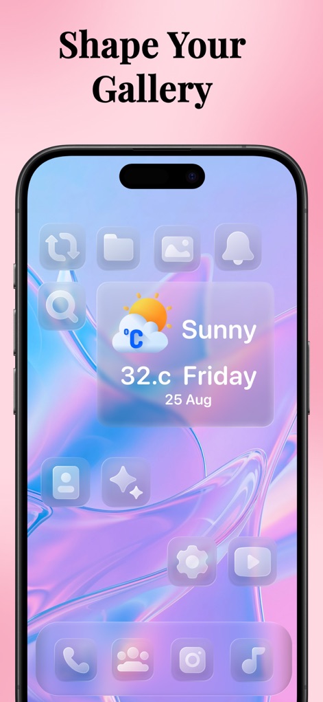 Icon Changer: Widget.s, Themes - See how users can personalize their home screen layout with a colorful abstract background and an integrated weather widget alongside translucent app icons.