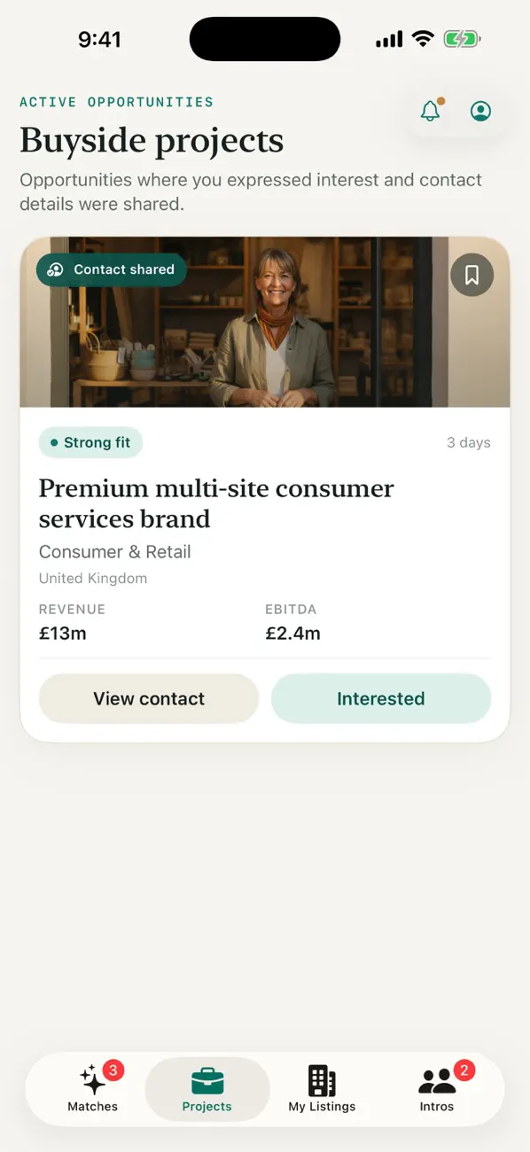 MergerMatch active buyside projects screen