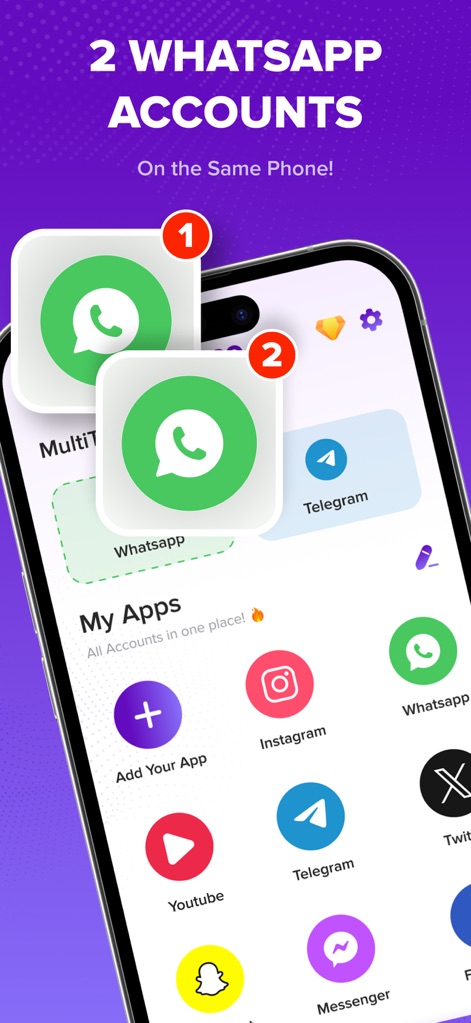 Parallel Space Dual Account - L'interface utilisateur de l'application illustre comment les utilisateurs peuvent exécuter simultanément deux comptes WhatsApp distincts, soulignant la séparation claire avec des numéros d'icônes distincts.