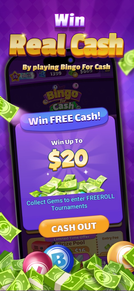 Bingo For Cash - Real Money - O aplicativo enfatiza a oportunidade de ganhar dinheiro real, exibindo um pop-up claro que detalha prêmios de até "$20" e um botão intuitivo para "Cash Out".