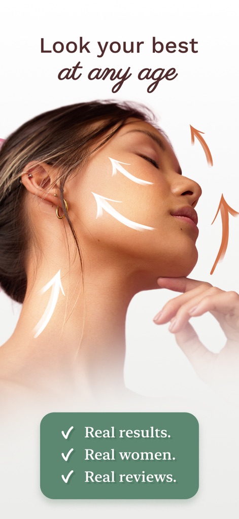 Luvly: Face Yoga Exercises - L'immagine mostra una donna con frecce direzionali che suggeriscono tecniche di massaggio facciale, sottolineando il claim "Look your best at any age" e i "Real results" promessi dall'app.