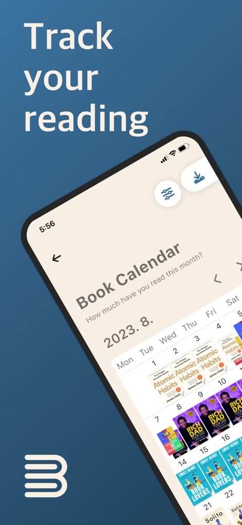 Bookmory - reading tracker - The app displays a clear Book Calendar view for 2023.8, alongside quick filter and download options.
