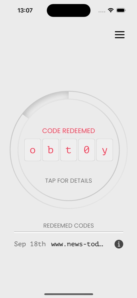 Unlock-r - This view highlights the successful code redemption status with the 'CODE REDEEMED' alert and provides a clear list of previously redeemed codes, including the date and associated URL.