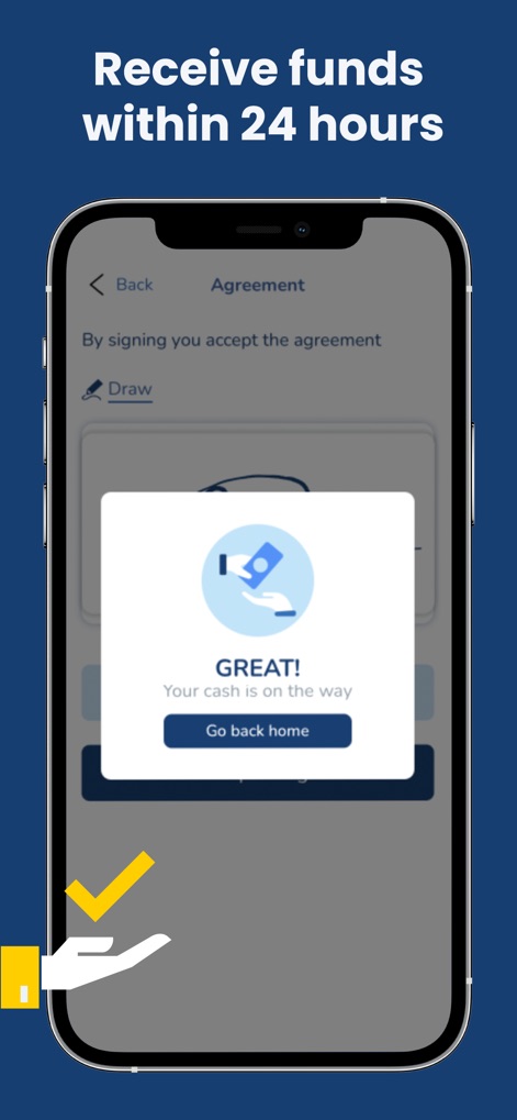 Ualett - La aplicación confirma el envío de los fondos con una ventana emergente que dice "GREAT! Your cash is on the way" y un botón para "Go back home", mostrando eficiencia.