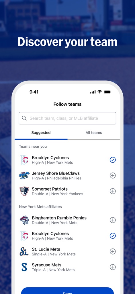 MiLB - Users can easily find and 'Follow teams' with a comprehensive search bar and a curated list of local and suggested Minor League Baseball clubs.