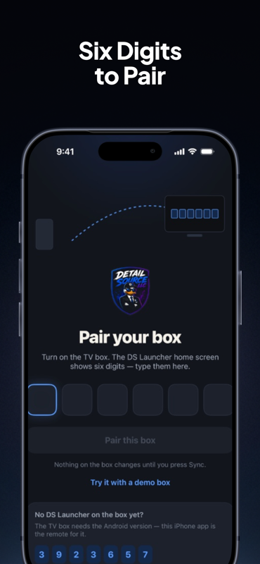 DS Launcher phone companion: pair with your box using its six-digit code