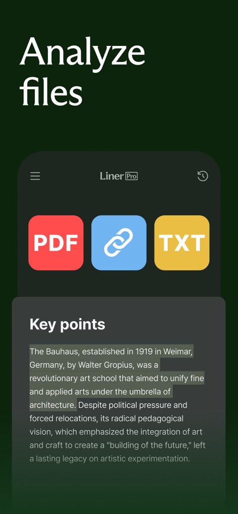 Liner - AI search assistant - Dieser Screenshot zeigt die Funktionalität zum Hochladen und Analysieren verschiedener Dateiformate wie PDF oder TXT, um relevante Schlüsselpunkte aus komplexen Dokumenten schnell zu extrahieren.