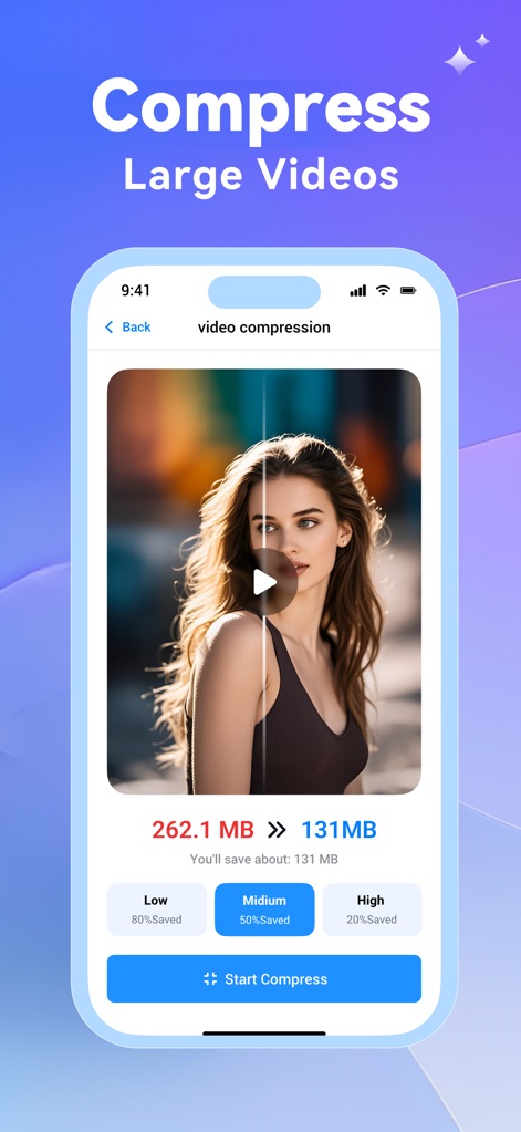 Photo Recovery: phone cleanup - This feature allows users to compress large videos, displaying both original and reduced file sizes, and offering distinct compression quality options like 'Medium' for balanced saving.