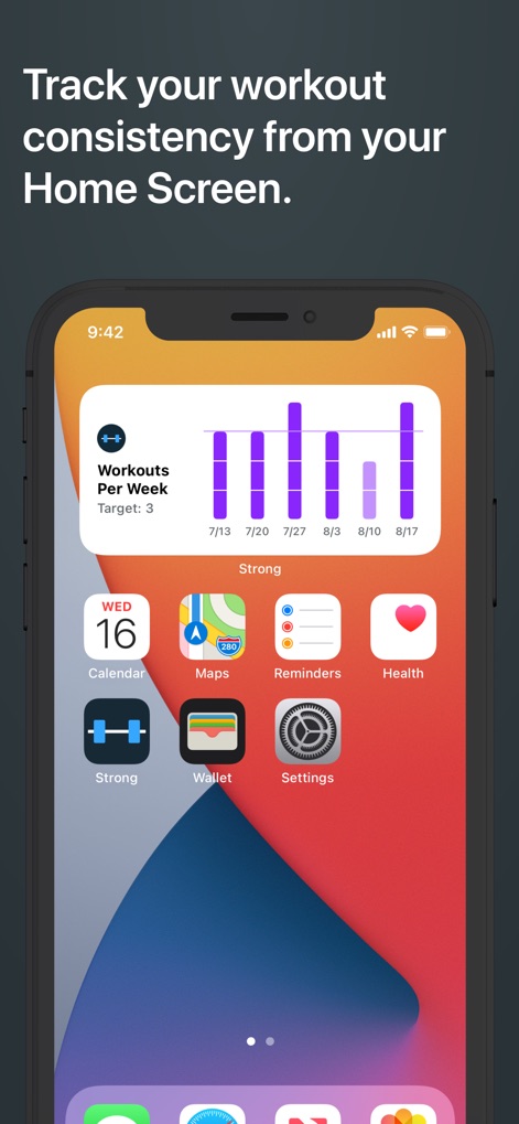 Strong Workout Tracker Gym Log - Ein praktisches "Widget" auf dem Startbildschirm ermöglicht es Nutzern, ihre "Workouts Per Week" auf einen Blick zu verfolgen und so die Trainingskonsistenz jederzeit im Auge zu behalten.