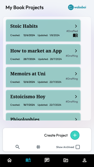WABABAI Book Writing App Screenshot