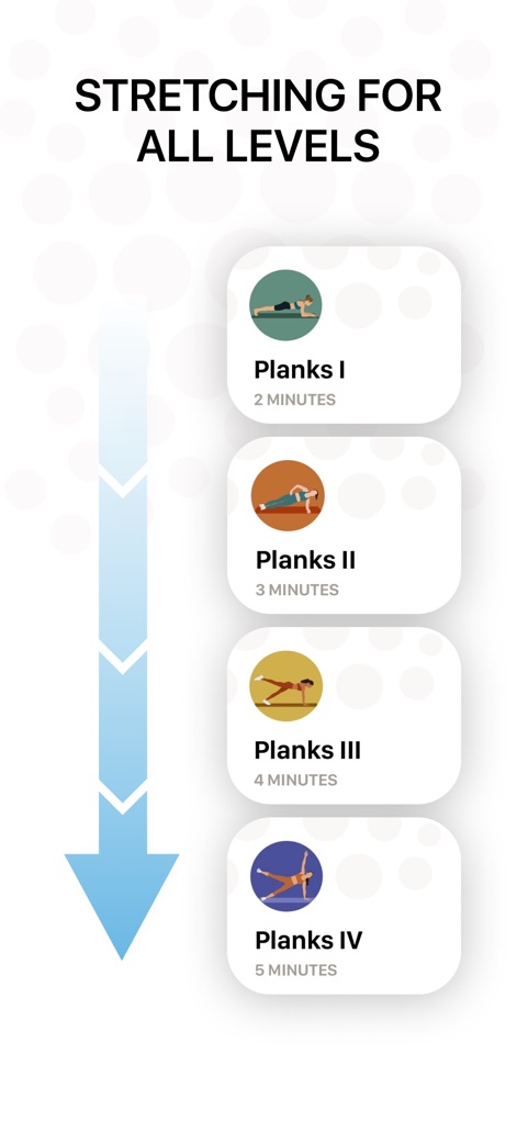 Bend: Stretching & Flexibility - Develop flexibility incrementally with structured progressions, exemplified by 'Planks I' leading to 'Planks IV' with increasing challenge and duration.