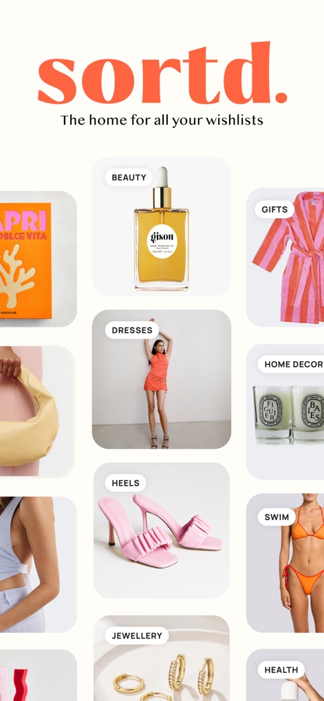 Sortd | Shopping Wishlist App - La aplicación presenta una interfaz de inicio con un diseño en cuadrícula organizado por categorías, mostrando una selección de productos de moda y hogar, como 'BEAUTY' y 'DRESSES', para una navegación intuitiva.