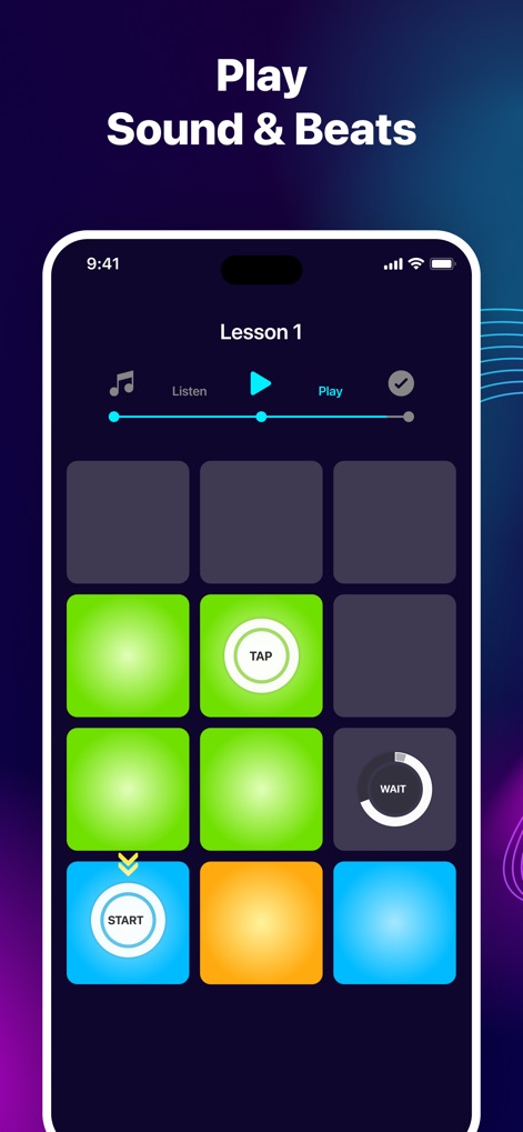 Music Pads: Beat Maker Machine - Commencez à créer des sons et des rythmes avec la section de lecture interactive 'Lesson 1', où les pads 'TAP' et 'START' guident l'utilisateur dans l'apprentissage.