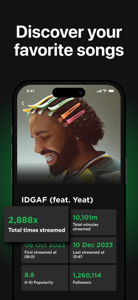 must.fm for Spotify Stats - Cada canción revela estadísticas profundas, mostrando el número de reproducciones ('2,888x Total times streamed') y la puntuación de popularidad ('8.8 0-10 Popularity'), brindando un análisis exhaustivo de su impacto.