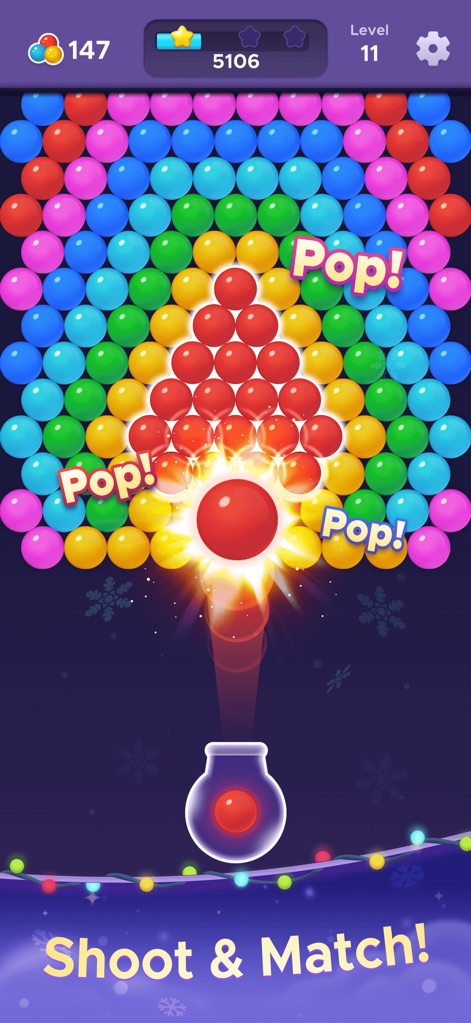 Bubble Relax: Pop Shooter - Witness the dynamic bubble shooting action and the satisfying "Pop!" visual feedback that enhances the gameplay experience.