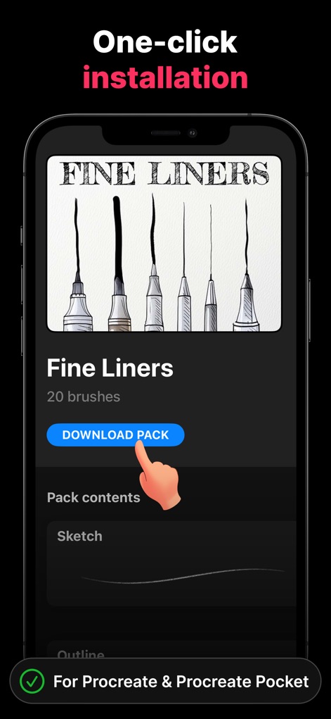 Artist Brushes for Procreate - Observe the straightforward 'DOWNLOAD PACK' button for instant access and the clear 'Pack contents' section detailing included brush types.