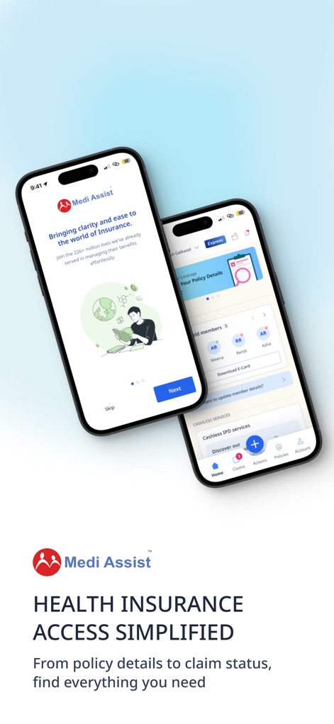 MAven - Borderless Benefits - Users can begin their journey with a clear welcome screen and then access their policy details and eCard for family members directly from the home view.