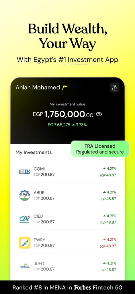 Thndr: Invest Your Money - L'app mostra il valore totale degli investimenti (es. EGP 1.750.000,00) e una chiara indicazione della licenza FRA, garantendo agli utenti sicurezza e trasparenza.
