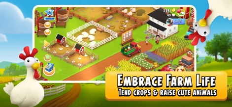 Hay Day - Esta captura exibe a organização eficiente da fazenda, com plantações em diferentes estágios de crescimento e currais repletos de animais, evidenciando as atividades diárias de cultivo e criação.