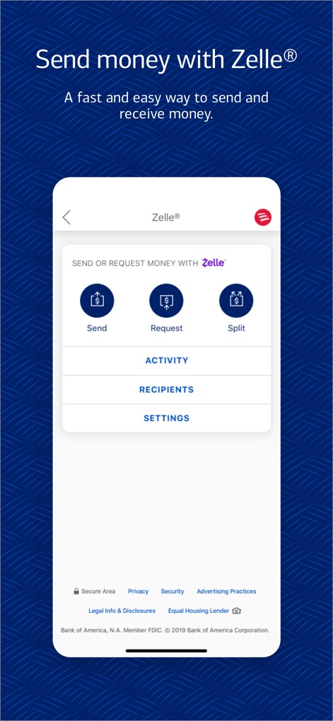 Bank of America Mobile Banking - This tool allows users to quickly send, request, or split money with Zelle, providing dedicated options for transaction management and recipient lists.