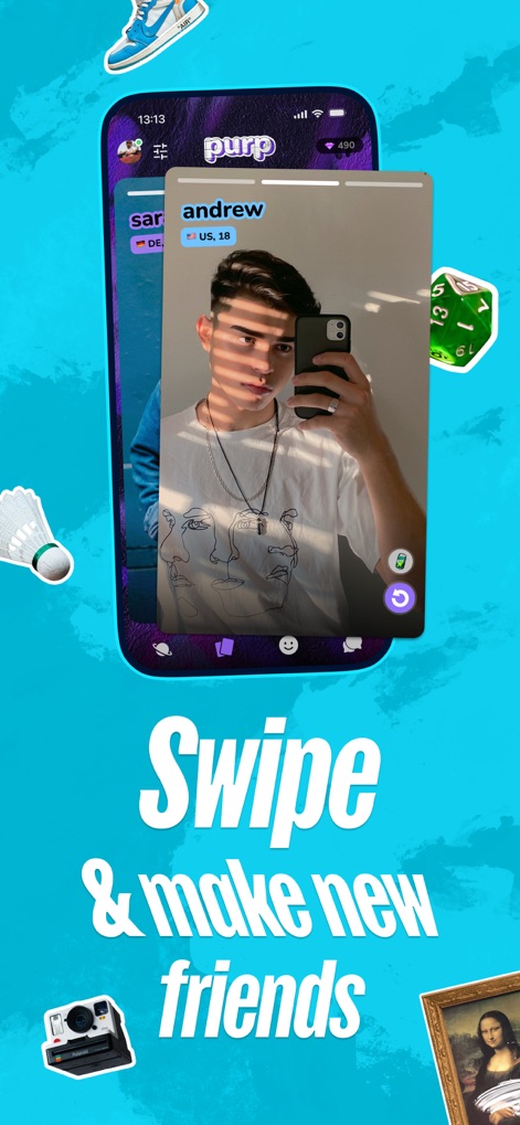 purp - Make new friends - Witness the seamless swiping interface for finding new connections, featuring detailed user profile cards with age and location, and an array of playful icons encouraging interaction.