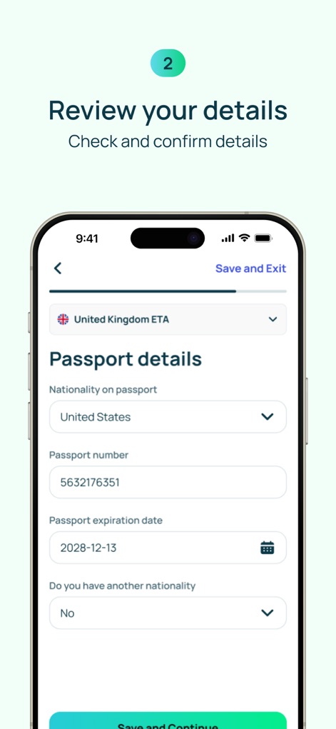 iVisa: ETA, eVisa, NZeTA, Visa - La pantalla presenta campos intuitivos para revisar y confirmar los "detalles del pasaporte", ofreciendo la opción de "Guardar y Continuar" para un proceso sin errores.