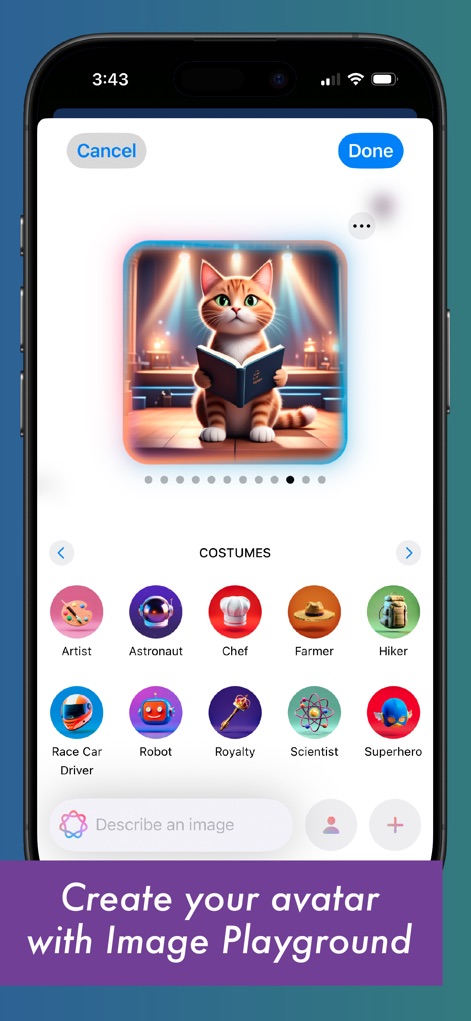 Spark Reading for Kids - Users can personalize their journey by creating unique avatars using the 'Image Playground' feature and selecting from diverse 'Costumes' like 'Astronaut' or 'Chef'.