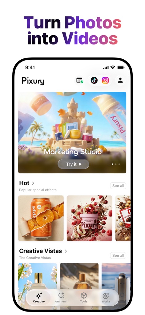 AI Product Video & Ad - Pixury - This tool transforms photos into dynamic videos and marketing assets, evident in the intuitive 'Marketing Studio' interface and a wide range of 'Hot' and 'Creative Vistas' template categories.