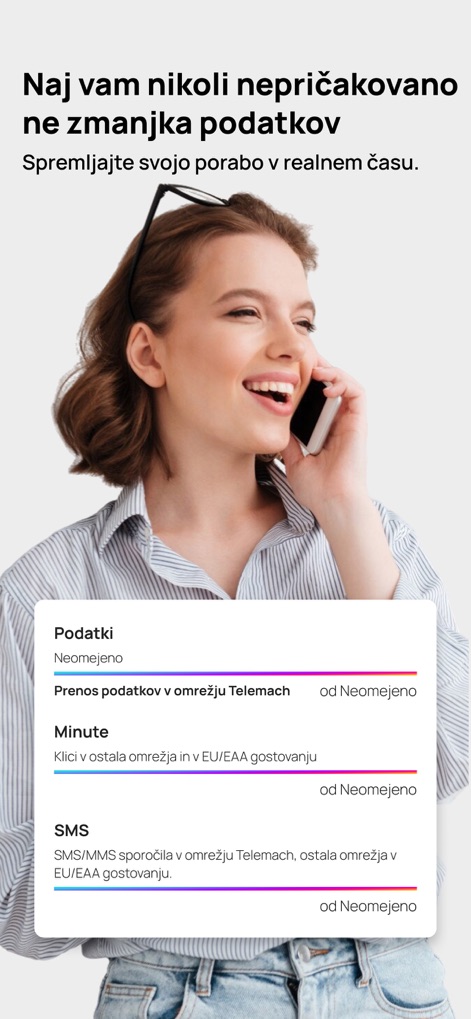 Telemach Slovenija - Users can track their real-time consumption with visual data and minute usage bars, alongside a clear breakdown of domestic and EU/EAA roaming allowances.