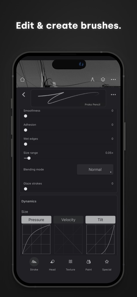 Infinite Painter - Unleash artistic versatility with the app's advanced brush editor, offering over 100 customizable settings and dynamic control over pressure and tilt responses.