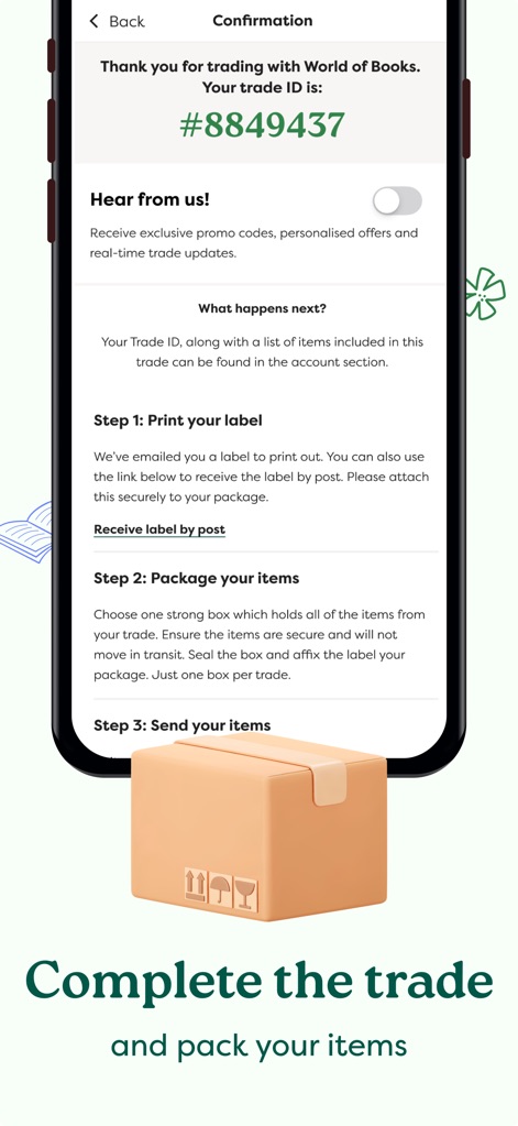 Sell books with World of Books - The confirmation screen details the 'Trade ID' and provides clear, step-by-step instructions for 'Print your label' and 'Package your items'.