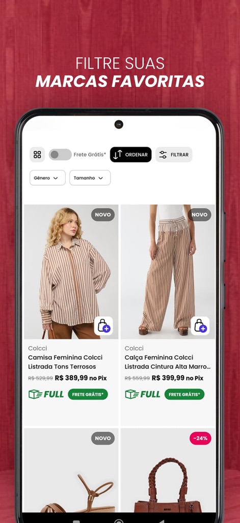 Dafiti - Your smartfashion - The app offers sophisticated filtering options such as 'Gênero' and 'Tamanho', alongside clear product listings displaying 'NOVO' tags and detailed pricing for items like the 'Camisa Feminina Colcci Listrada'.