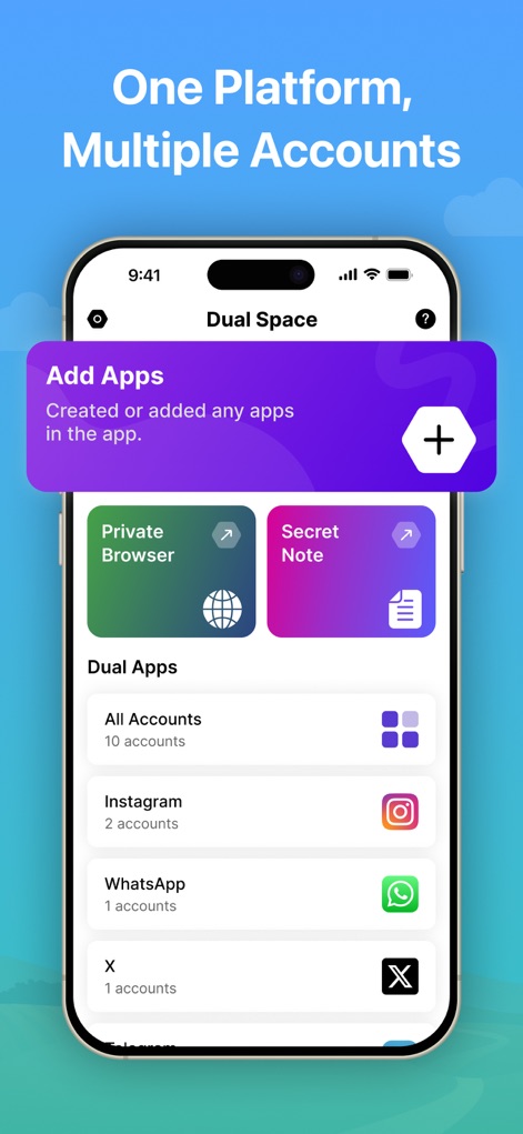 Parallel Space ~ App Cloning - Explore the 'Dual Space' dashboard, which centralizes access to features like the 'Private Browser' and lists various 'Dual Apps' along with their respective account counts.