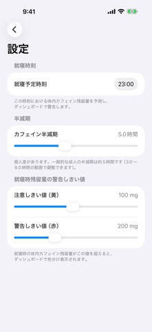 CaffeineHalf: カフェイン半減期計算 のスクリーンショット
