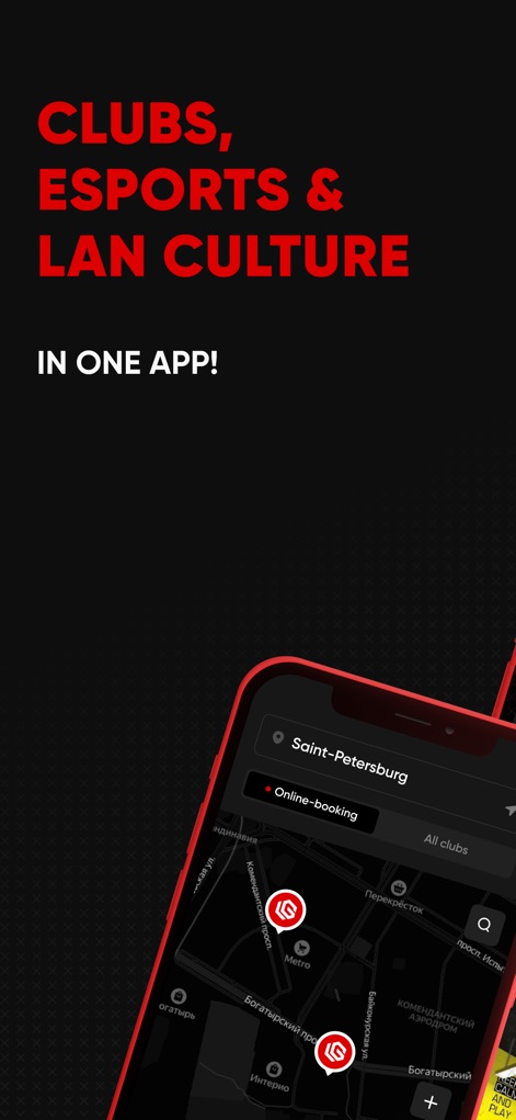 LANGAME - La aplicación LANGAME permite a los usuarios encontrar fácilmente clubes cercanos, mostrando una vista de mapa intuitiva con marcadores de ubicación y la opción de ver la disponibilidad para reservas en línea.