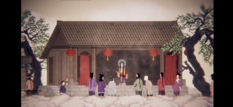 The Rewinder - Gli utenti sono trasportati in una performance teatrale tradizionale, con un personaggio centrale dal costume elaborato e le caratteristiche lanterne rosse, che evocano momenti cruciali della narrazione.