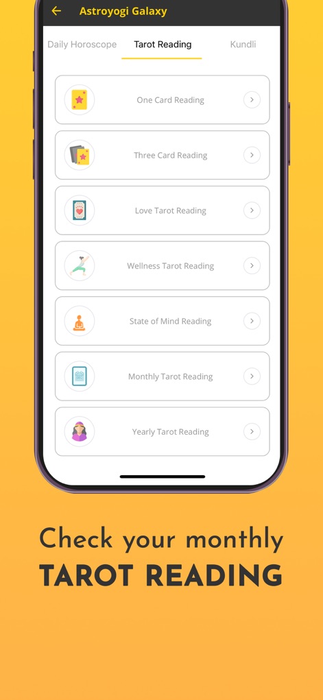 Astroyogi | Astrology & Kundli - The app provides a variety of tarot reading options, enabling users to choose between focused 'One Card' or 'Three Card' readings and specialized 'Love Tarot' or 'Wellness Tarot' insights.