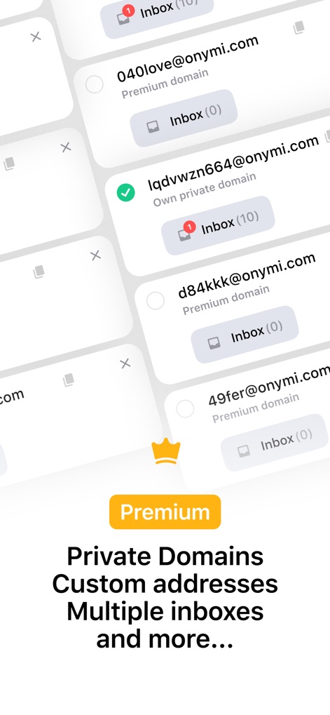 Temp Mail - Temporary Email - 이 앱은 다수의 이메일 주소를 관리하는 기능을 제공하며, '프리미엄 도메인' 라벨이 붙은 고유 도메인을 포함한 맞춤형 주소를 사용할 수 있습니다.