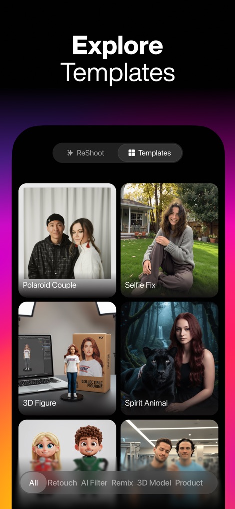 ReShoot: AI Photos & Edits - La galería de plantillas ofrece diversas opciones creativas, desde "Polaroid Couple" hasta "Spirit Animal", facilitando a los usuarios la exploración de estilos y efectos predefinidos.