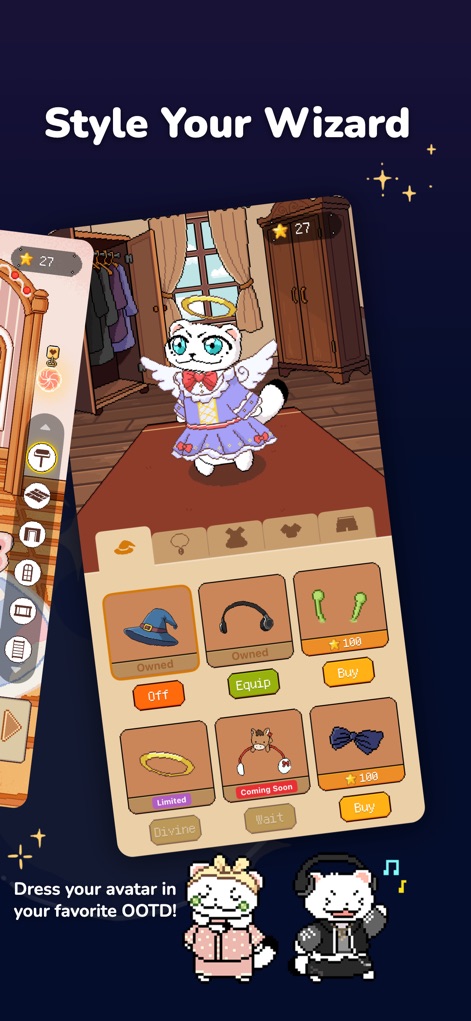 Glulu BrewTime-Pomodoro Focus - The app offers extensive customization for Glulu companions, allowing users to dress them in various 'outfits' and accessorize with items like hats and halos.