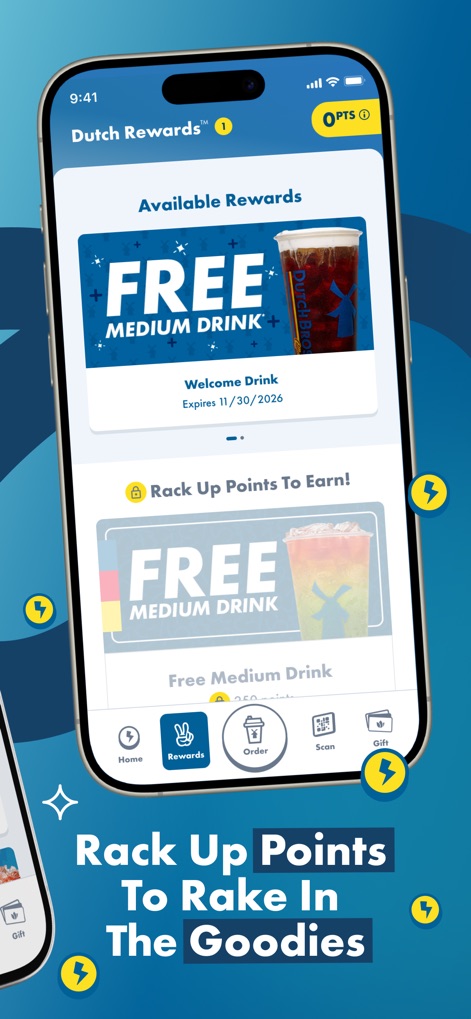 Dutch Bros - Users can easily view available rewards, such as the free medium drink, and track their progress towards earning more points.