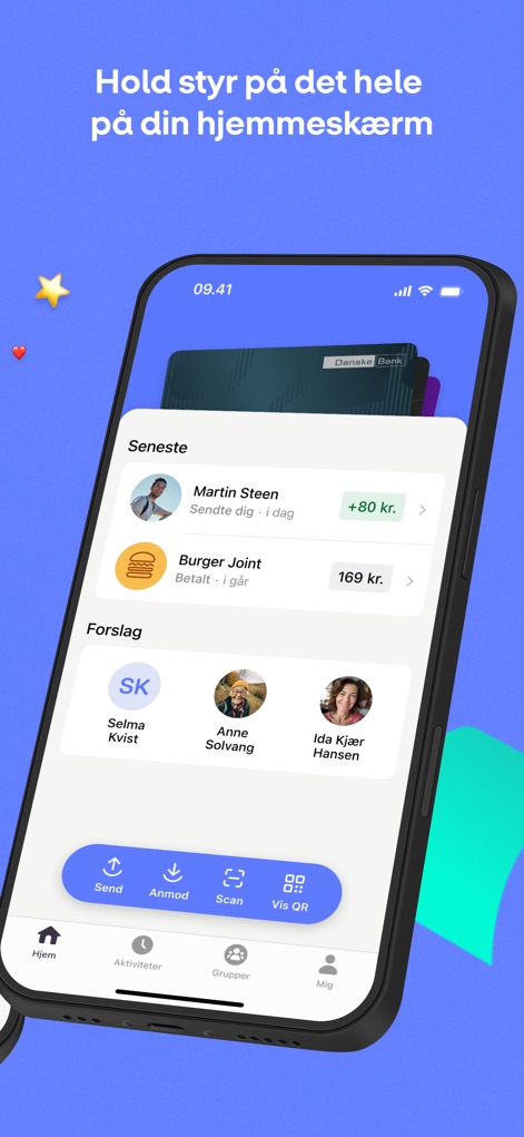 MobilePay - The home screen provides a comprehensive overview, showcasing recent transactions and convenient quick action buttons for common tasks like sending or scanning.