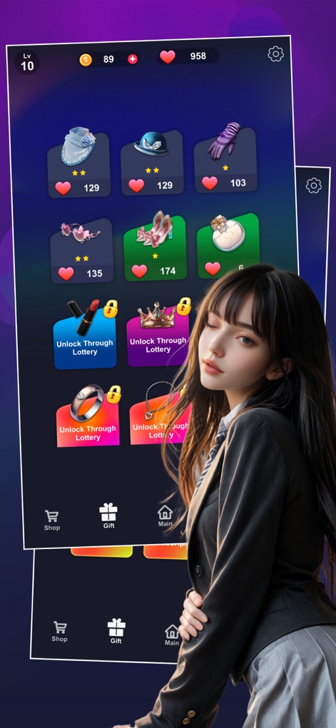 Live Tile Star - Explore the extensive collection of fashionable outfits and accessories available for characters, highlighting the game's reward system through unlockable items and lottery options.