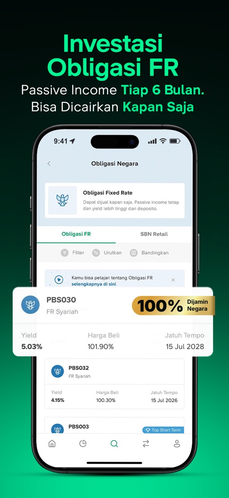 Bibit - Reksadana & Obligasi - Esta interfaz detalla la "Renta Fija Flexible" (Obligasi FR), mostrando características como el 'Yield' del 5.03% y la promesa de ser '100% Dijamin Negara', con posibilidad de liquidación en cualquier momento.
