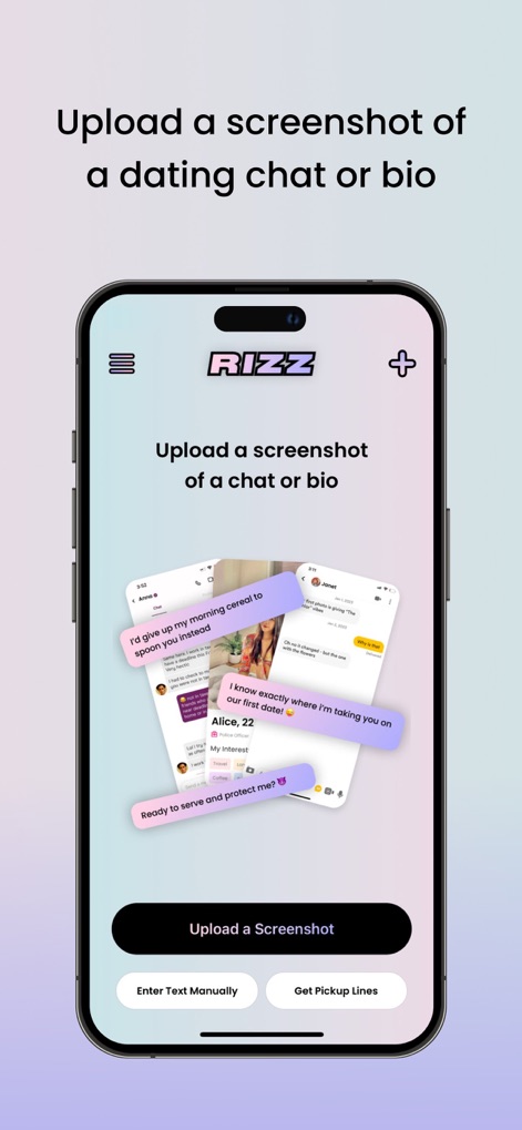 RIZZ - このスクリーンショットは、ユーザーがデートチャットやプロフィール（相手のプロフィール文とチャット履歴のスクリーンショット）をアプリに簡単にアップロードできるインターフェースを示しています。