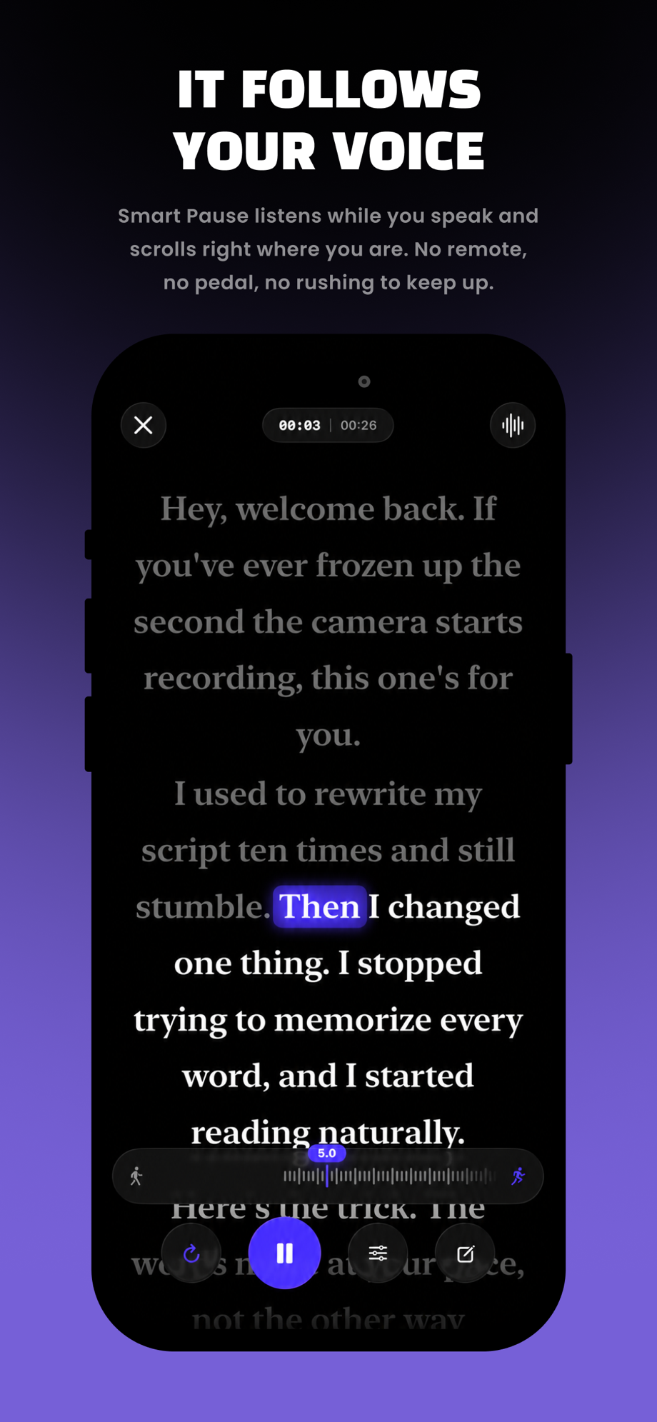 FlowPrompter Voice Follow on iPhone highlighting the current spoken phrase in the teleprompter