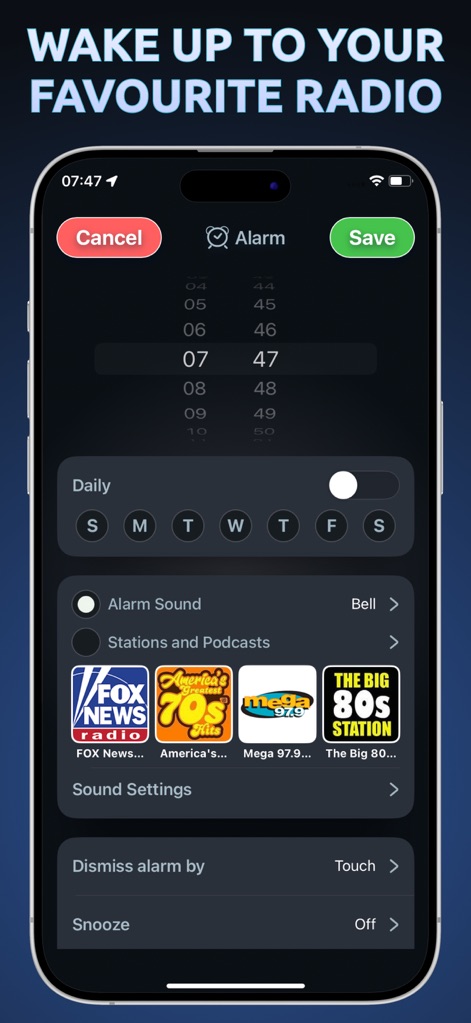 Alarm Clock App: myAlarm Clock - Users can personalize their wake-up experience by selecting favorite radio stations and podcasts, and configuring daily or weekly alarm recurrence.