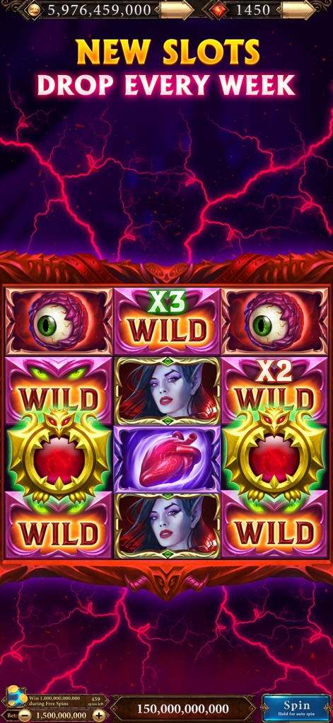Scatter Slots - Slot Machines - このアプリでは、「NEW SLOTS DROP EVERY WEEK」の告知とともに、吸血鬼のようなキャラクターのシンボルとワイルドX2、X3のマルチプライヤーが登場し、常に新鮮なゲームプレイを提供します。