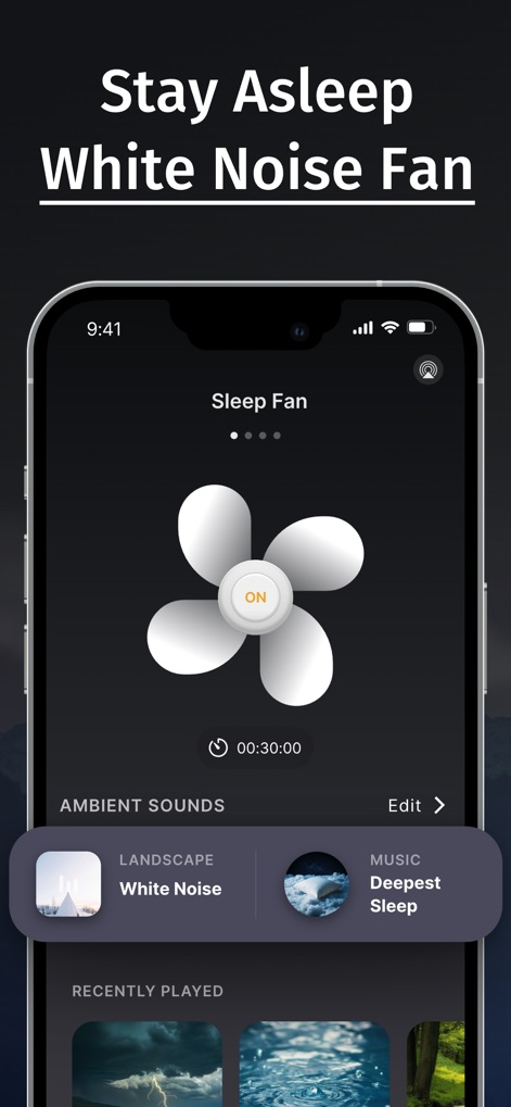 Tap Fan Noise for Sleep - ユーザーは「White Noise」のアンビエントサウンドと「Deepest Sleep」の音楽の組み合わせにより、一晩中途切れない安らかな眠りを維持できます。