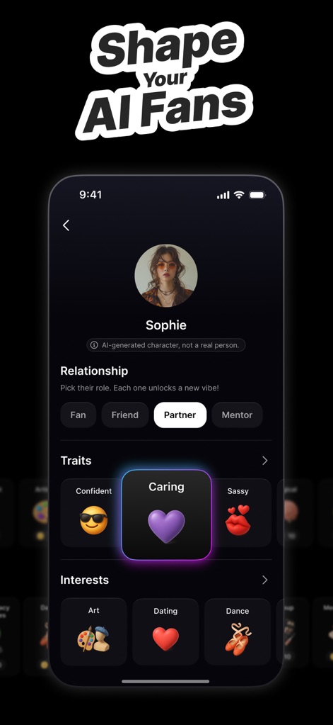 Famefy - Users gain control over their virtual audience by customizing relationships like 'Partner' or 'Mentor' and defining key personality traits such as 'Caring' or 'Sassy'.